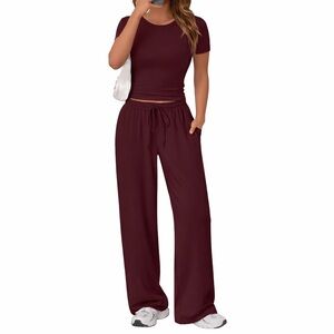 Women's Wide-Leg Lounge 2PC Set - Burgundy